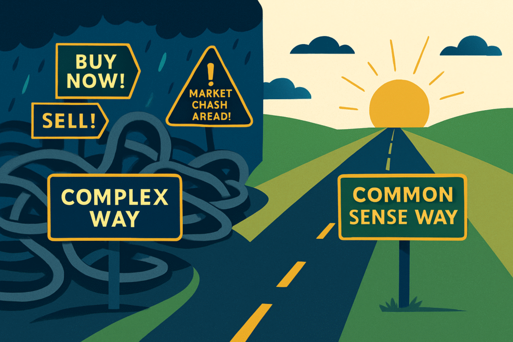 An illustration comparing a tangled, complex path with a simple, straight path, symbolizing the clarity of the 'common sense investing' philosophy over chaotic strategies.