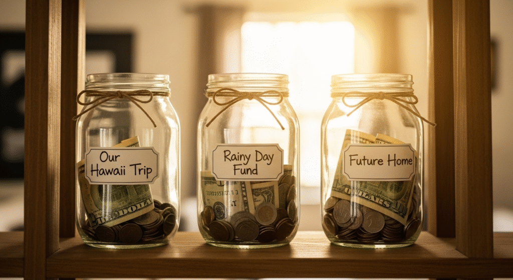 Three glass savings jars labeled with specific financial goals, demonstrating one of the most motivating easy saving tips.