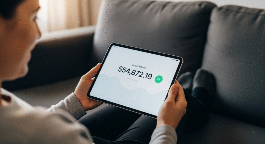 A person smiling as they look at their growing savings balance on a tablet, illustrating the positive feedback from using easy saving tips.