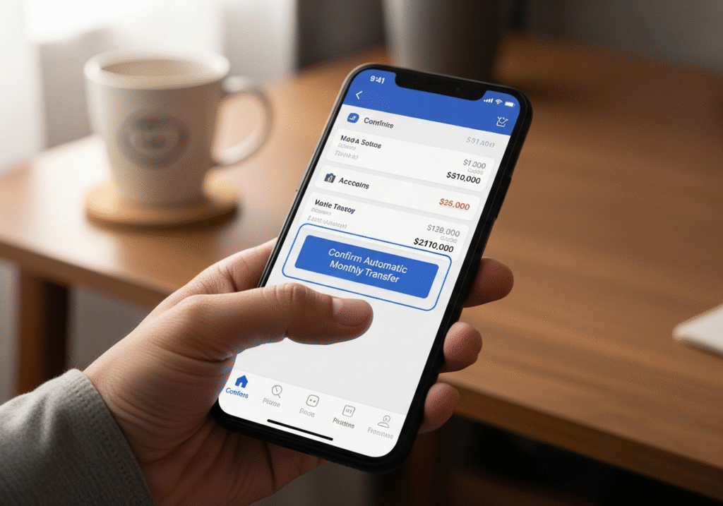 A person setting up an automatic monthly transfer on their phone, a key step for applying easy saving tips.
