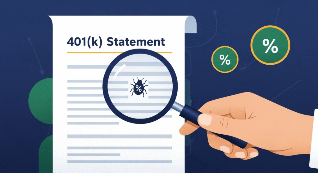 An illustration of a magnifying glass revealing hidden fees in a retirement plan, a key benefit of finding the best way to track net worth.