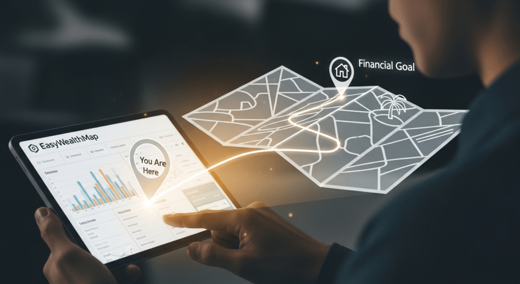An illustration of a financial map unfolding from a dashboard, representing how the best way to track net worth provides a clear path to your goals.
