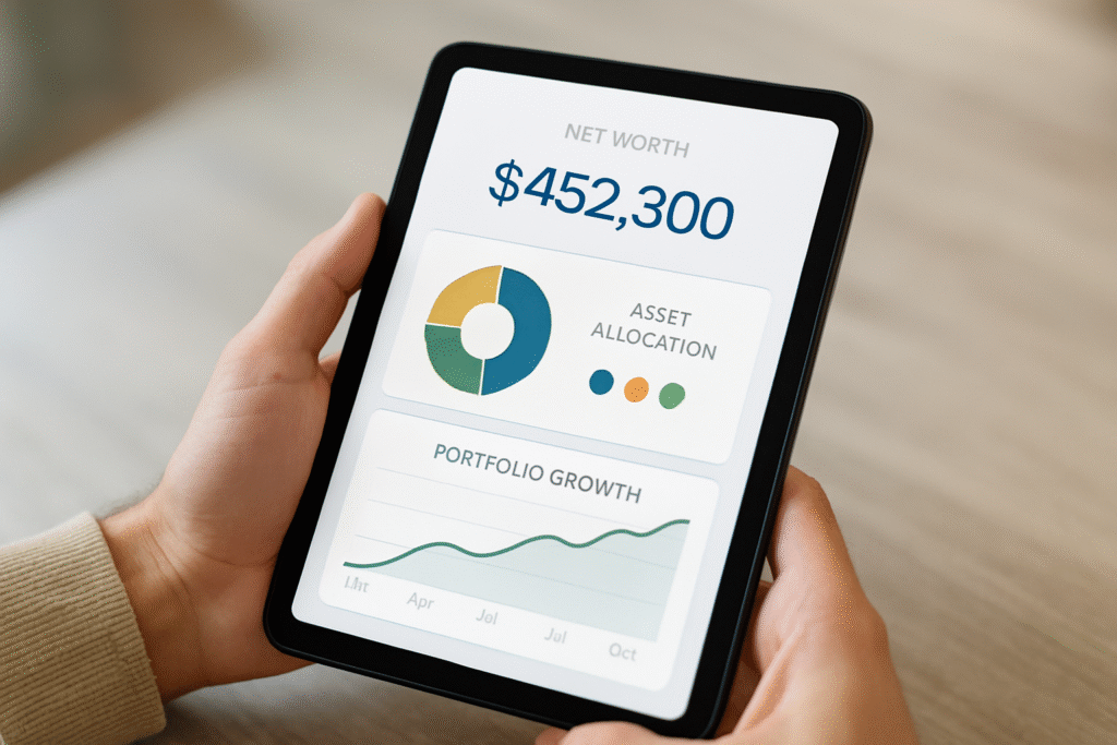 An illustration of the Empower Personal Dashboard on a tablet, showing it's the best way to track net worth in a clear, simple view.