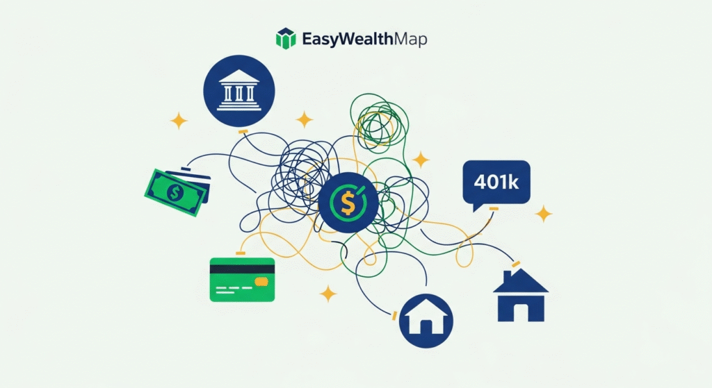 An illustration of scattered financial icons representing the chaos before finding the best way to track net worth.