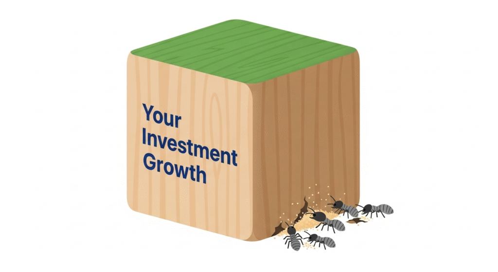 An illustration of termites eating away at an investment block, representing how high fees can damage returns in a "common sense investing" strategy.