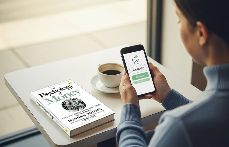 An image connecting The Psychology of Money to a practical investment app, showing how the best books on investing for beginners lead to clear action.