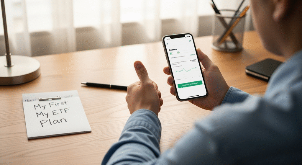 A person about to make their first investment on a smartphone after planning, illustrating the step from "knowing" to "doing" for ETF beginners.