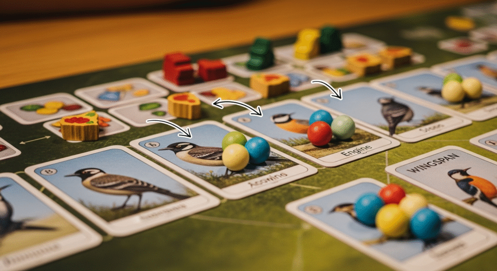 A close-up of the "engine-building" mechanic in the Wingspan board game, a visual metaphor for compounding and a core financial wellness tip.