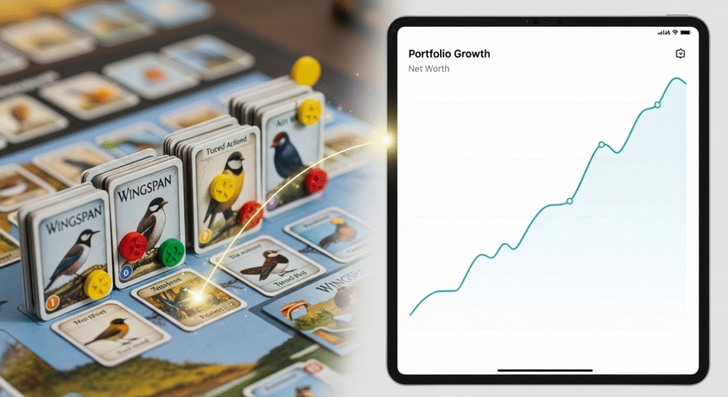 A composite image connecting the Wingspan game to a real investment chart, showing how gaming can be one of many practical financial wellness tips.