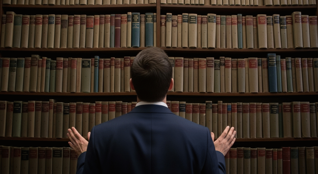 A person feeling overwhelmed by a wall of textbooks, representing the typical search for the best books on investing for beginners.