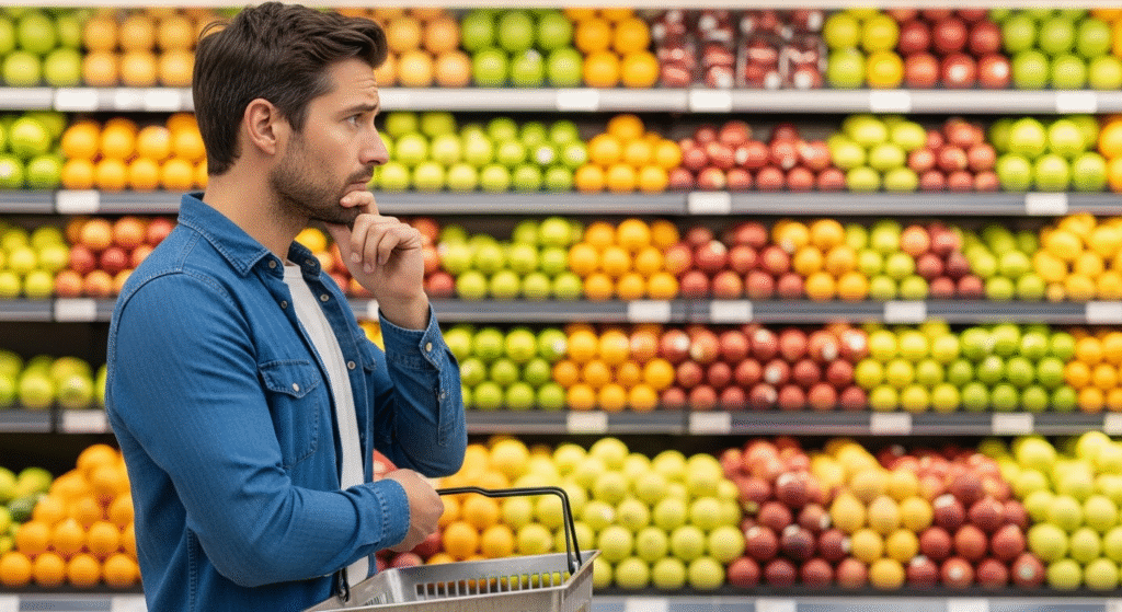 A person feeling overwhelmed by fruit choices in a supermarket, symbolizing the difficulty of stock picking before learning how ETFs work for beginners.