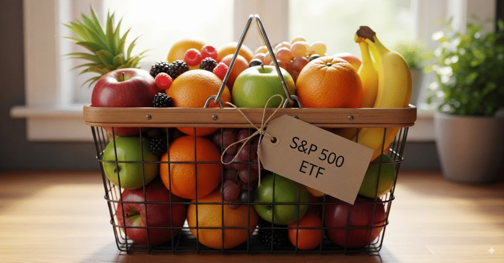 An illustration of a shopping basket labeled "S&P 500 ETF" filled with diverse fruits, explaining how ETFs work for beginners through a simple analogy.