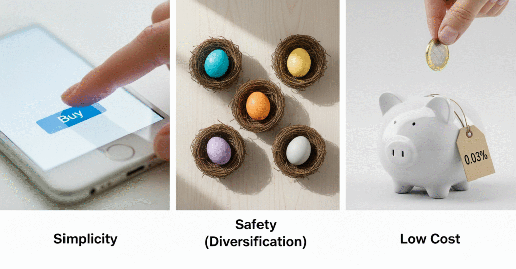 A three-panel image showing the benefits of ETFs for beginners: simplicity, safety through diversification, and low cost.