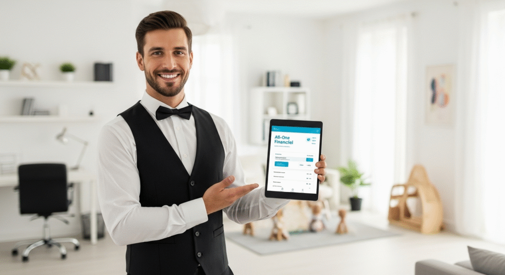An image of a modern butler with a tablet, a metaphor for the Fidelity experience in the Vanguard vs. Fidelity comparison.