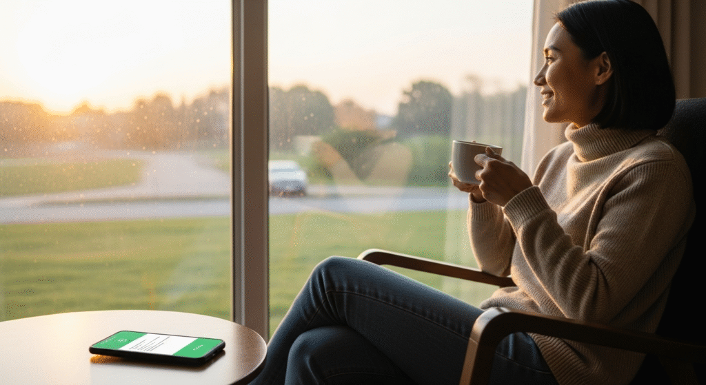 A person peacefully enjoying a coffee at sunrise, representing the peace of mind achieved after making a clear choice in the Vanguard vs. Fidelity debate.