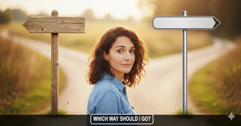 A person at a crossroads with two different signposts, symbolizing the Vanguard vs. Fidelity choice for beginner investors.