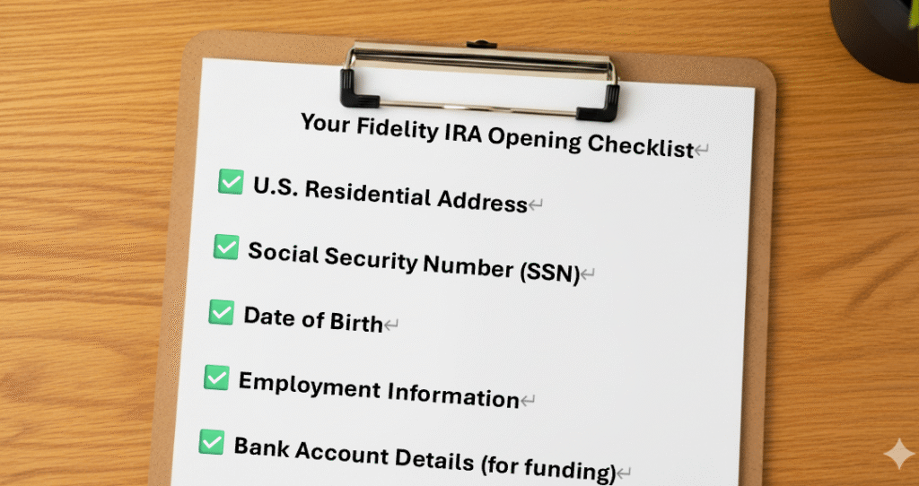 A checklist infographic showing the documents and information needed before you open a Fidelity IRA.