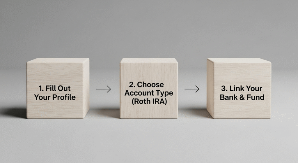 A simplified flowchart with three blocks, showing the key stages of how to open a Fidelity IRA.