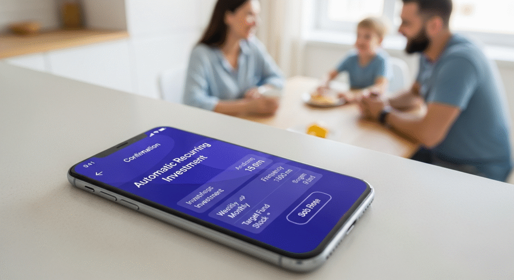 Feeling Behind? The 3-Step Catch Up on Retirement Blueprint 4 Smartphone showing automatic recurring investment confirmation, illustrating how the automated system helps families Catch Up on Retirement and reclaim time.