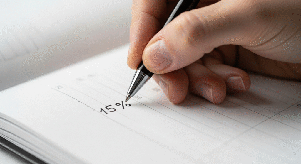 Feeling Behind? The 3-Step Catch Up on Retirement Blueprint 5 Hand writing the "On Track" savings number (15%), representing the first simple action step to Catch Up on Retirement.