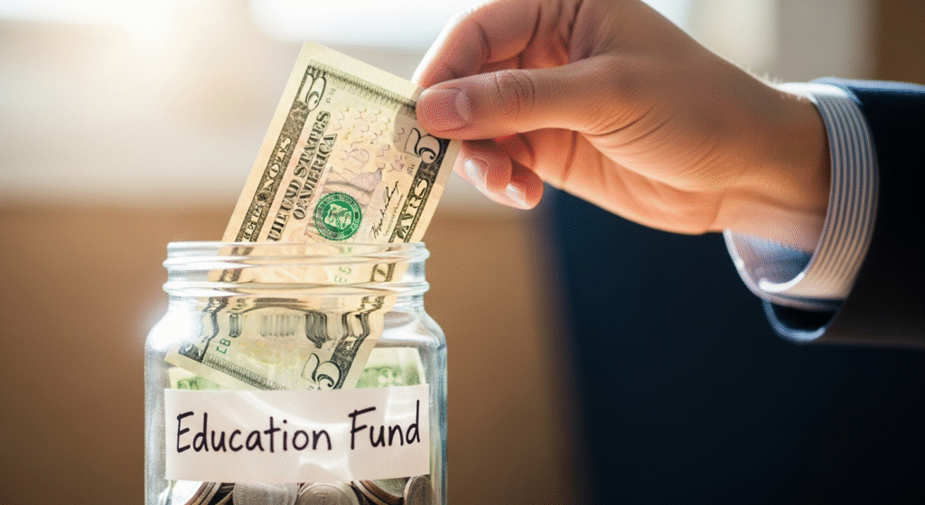 My $50 Mistake: How I Beat the Fear of Starting Investing 5 Placing a $5 bill into an 'Education Fund' jar, symbolizing the low-risk 1% Rule to beat the Fear of Starting Investing.