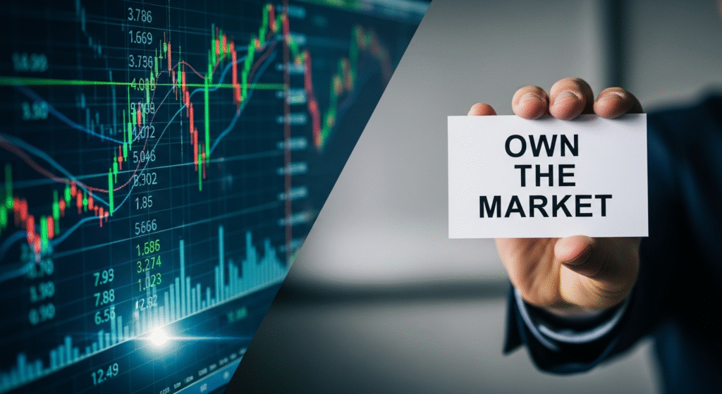You Don't Need to Pick Stocks: My Lazy 3-ETF Portfolio 2 Image contrasting chaotic stock market tickers with a simple card that says 'Own the Market,' highlighting the simplicity of the 3-ETF Portfolio.
