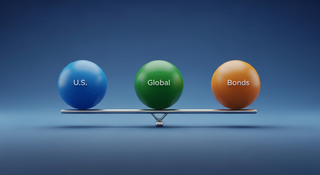 You Don't Need to Pick Stocks: My Lazy 3-ETF Portfolio 3 A balanced 3D graphic of three components (U.S., Global, Bonds), representing the core structure of the 3-ETF Portfolio.