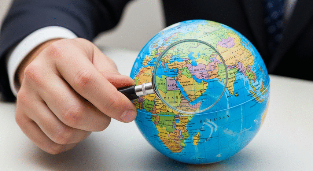 You Don't Need to Pick Stocks: My Lazy 3-ETF Portfolio 4 Hand using a magnifying glass on a globe, symbolizing the global diversification strategy of the 3-ETF Portfolio.