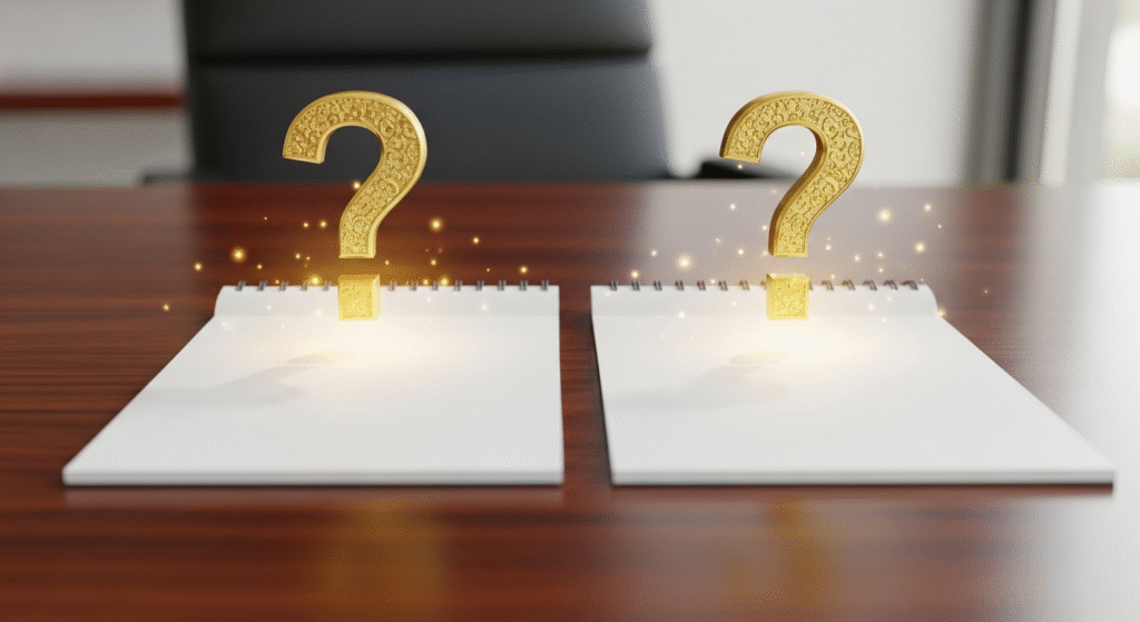 You Don't Need to Pick Stocks: My Lazy 3-ETF Portfolio 5 Two notepads with question marks hovering above, representing the next crucial decision: choosing the right brokerage platform for your 3-ETF Portfolio.