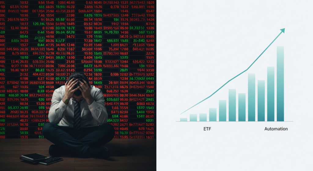 Visual contrast between chaotic stock picking and simple, automated passive investing system using ETFs.	