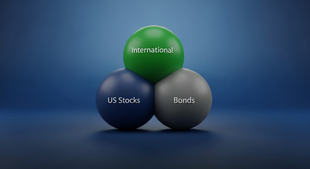 Feeling Behind? The 3-Step Catch Up on Retirement Blueprint 3 Minimalist 3D graphic visualization of the Lazy 3-Fund System, showing a simple, diversified portfolio for Catch Up on Retirement.