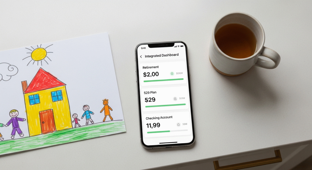 Vanguard vs Fidelity: The Ultimate Showdown for Family Investors 4 Flat lay showing a unified family financial dashboard on a phone, emphasizing Fidelity's all-in-one feature for retirement and 529 plans.