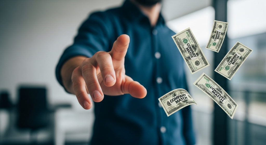 1-Hour 401k Catch Up Plan: Automate Your Future in 3 Steps 2 A man reaching for floating money marked 'Company Match,' symbolizing the free money available through the 401k catch up plan.