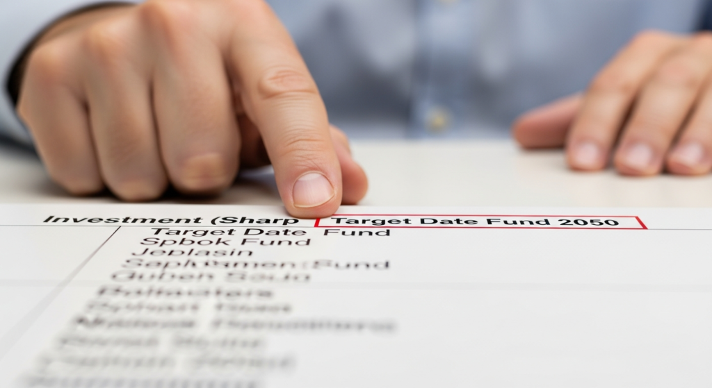 1-Hour 401k Catch Up Plan: Automate Your Future in 3 Steps 3 A man's finger pointing confidently at the 'Target Date Fund 2050' on a 401k menu, symbolizing the simple fund solution for the 401k catch up plan.
