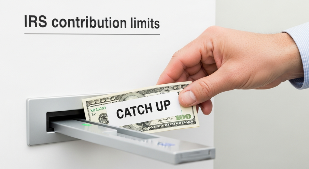 1-Hour 401k Catch Up Plan: Automate Your Future in 3 Steps 5 A hand inserting extra money labeled 'Catch Up' into a slot, symbolizing the 50+ catch-up contribution limits for the 401k plan.