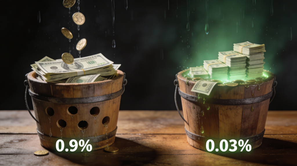 Leaky money bucket (high fees) vs growing wealth stack (low-cost index funds), 25-year $100K savings visualization