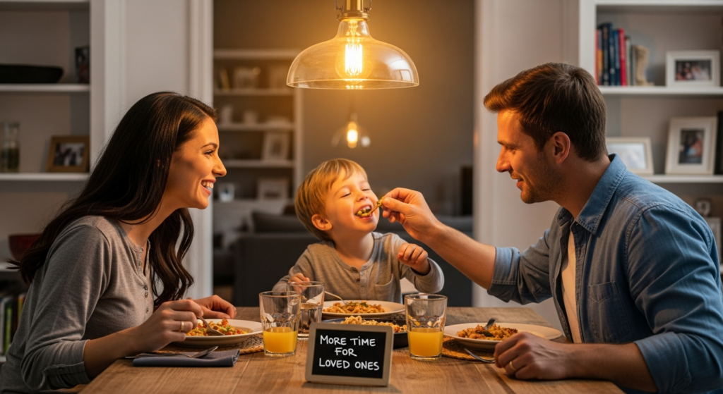 Relaxed mom doing yoga while dad dines with kids, representing financial peace from automated 401(k)