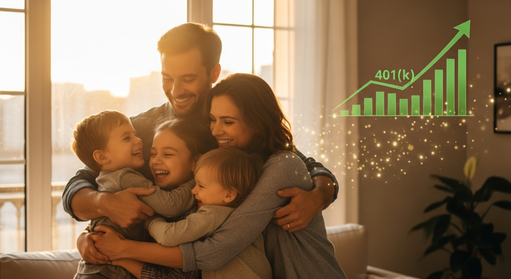Happy 40-year-old family hugging with subtle rising 401(k) chart overlay, vision of tax-free family wealth